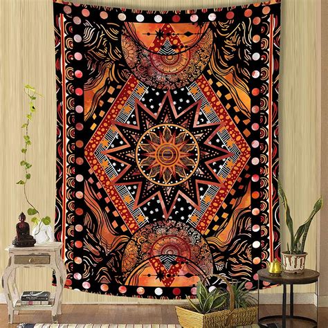 Kscd Orange Sun And Moon Tapestry Wall Hanging Indie Hippie Mandala