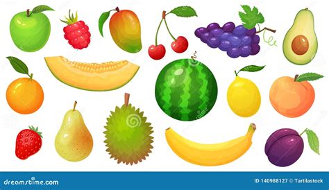 Cartoon Fruits Mango Fruit Melon Slice And Tropical Banana Raspberry
