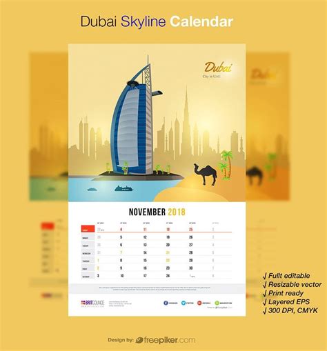 Dubai Skyline Travel Calendar Travel Calendar Calendar Print Templates