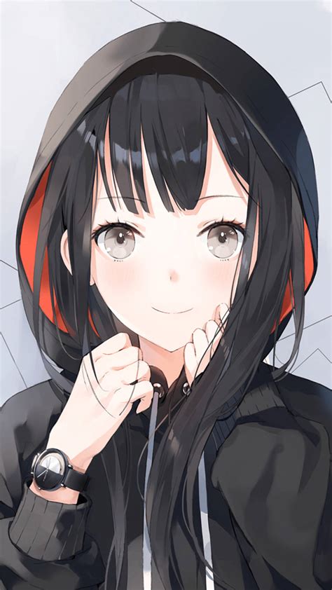 Anime Girls Anime Hoods Black Hair Watch Jacket Vertical Wallpaper