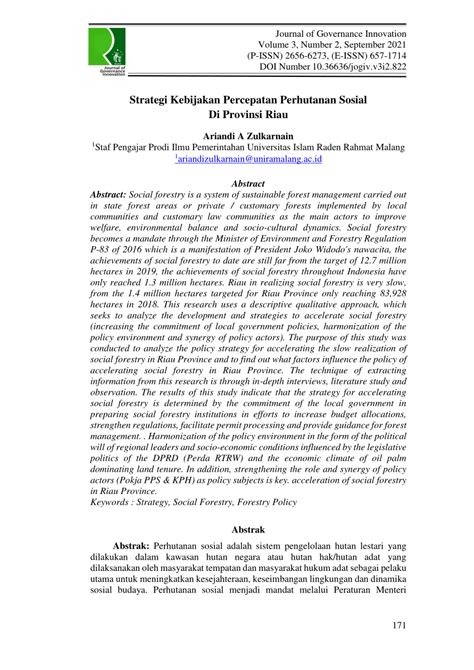 PDF Strategi Kebijakan Percepatan Perhutanan Sosial Di Provinsi Riau