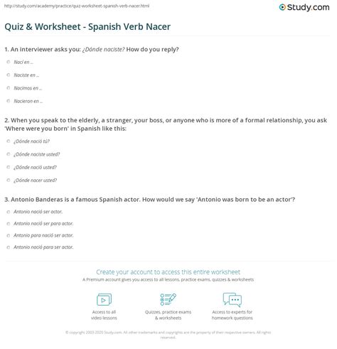 Quiz And Worksheet Spanish Verb Nacer