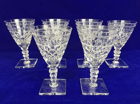 Set Of 6 Art Deco Hawkes Steuben Lead Crystal Stemware Glasses Square Base And Notched Stem