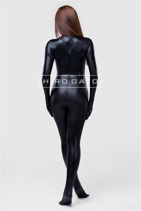 Hiro Gato Inc Shiny Metallic Spandex Catsuit Black Lycra Zentai Bodysuit