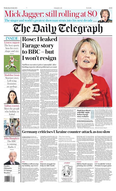 Daily Telegraph Front Page 26th Of July 2023 Tomorrows Papers Today