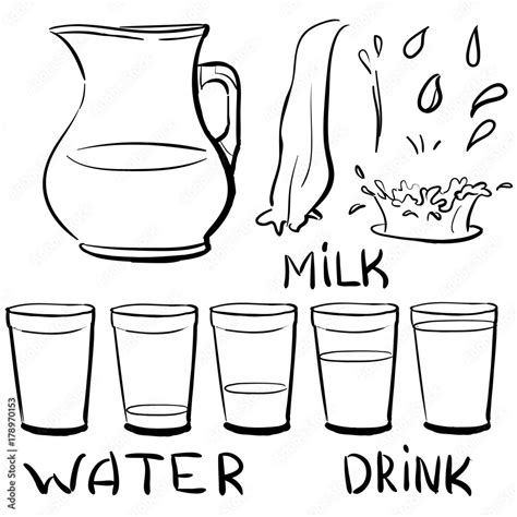 Set Doodle Icons Jug And Glasses With A Drink Milk Water