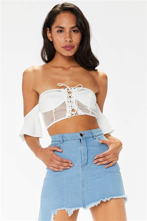Eloise White Fishnet Lace Up Bandeau Crop Top Strapless Tops Tops