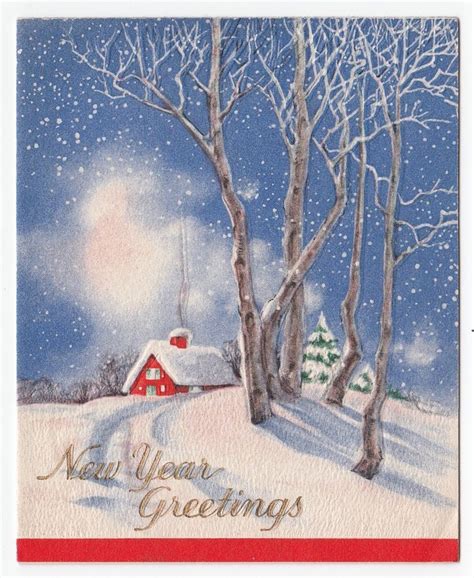 Vintage Greeting Card New Year Snowy Winter Scene Red House Snow