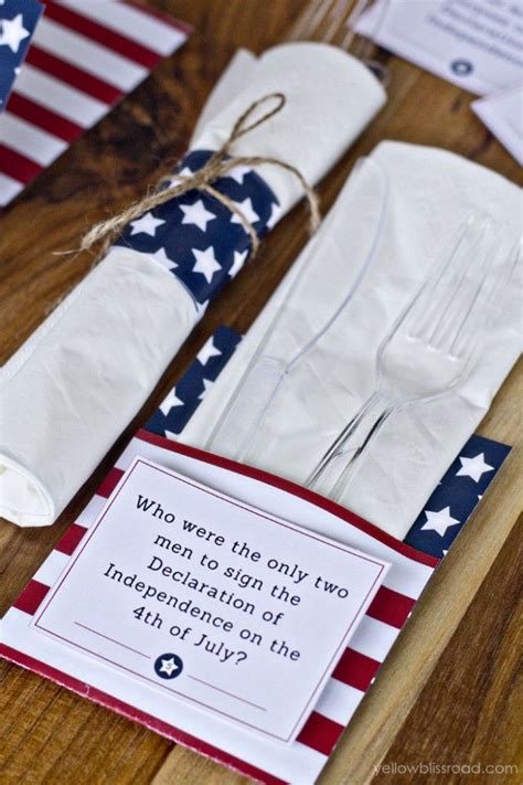 Hand out the first two pages of the printable and have participants mark their answers on it. Free Printable 4th of July Trivia Cards & Utensil Holders | 4th of july trivia, 4th of july ...