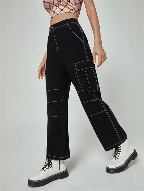 Contrast Topstitching Side Flap Pocket Cargo Pants Cargo Pants Women