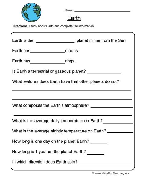 Planet Worksheet Fourth Grade