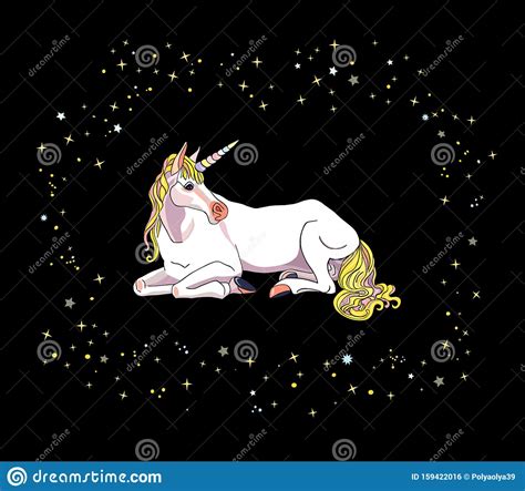 Lying Unicorn With Starry Frame On The Black Bg Stock Vector