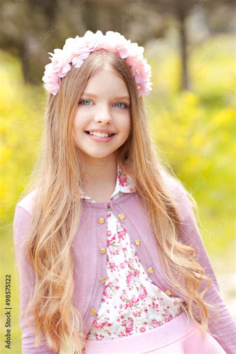 Smiling Blonde Teen Girl 12 14 Year Old Wearing Pink Stylish Dress And