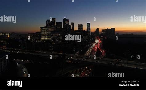 Cinematic Urban Aerial View Of Downtown Los Angeles Skyline And