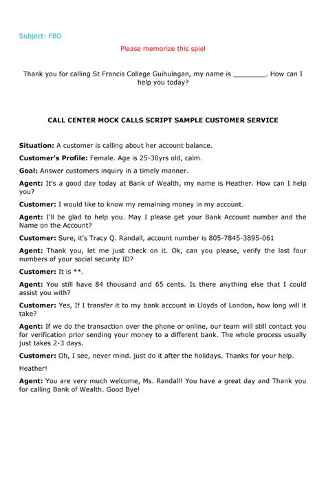 Call Center Mock Calls Script Sample Customer Service Subject Fbo