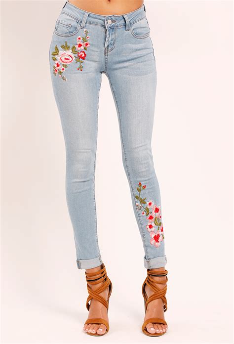 Cuffed Floral Embroidered Jeans Shop High And Mid Waisted Jeans At