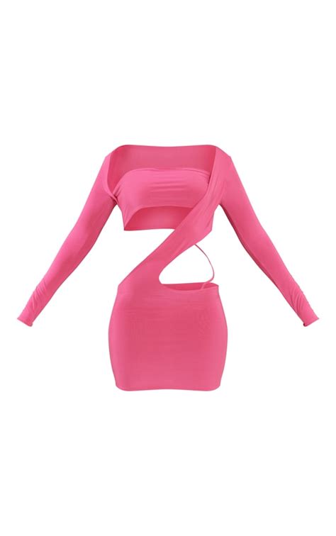 Shape Hot Pink Cut Out Long Sleeve Bodycon Dress Prettylittlething Usa