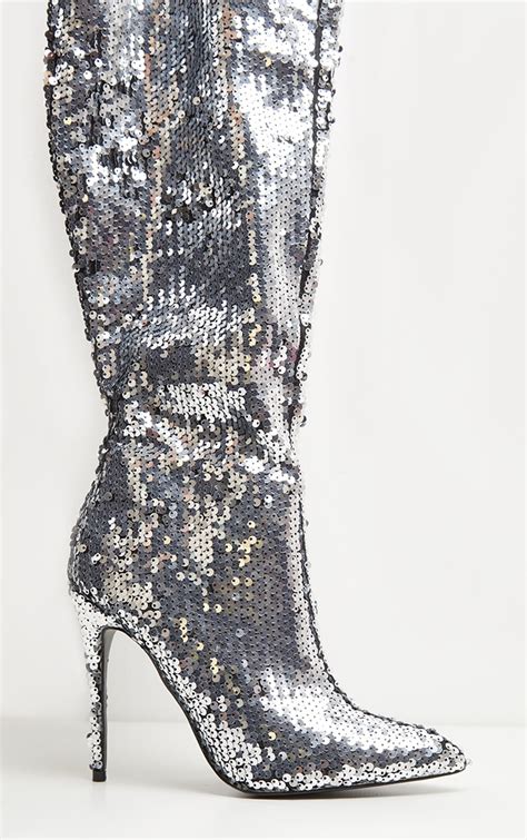 Silver Sequin Otk Boots Shoes Prettylittlething Qa