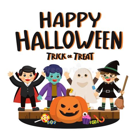 Happy Halloween Children Dressed In Halloween Fancy Dress Stock Vector