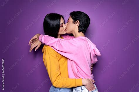 Two Pretty Sexy Stylish Cool Generation Z Girls Lgbtq Lesbian Couple Dating In Love Hugging