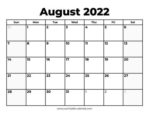 August 2022 Calendar With Holidays A Printable Calendar