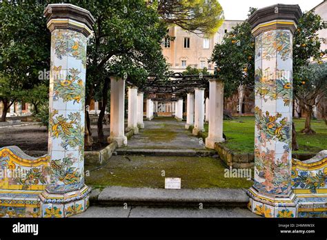 naples italy 02 13 2022 the inner courtyard of the monastery of santa chiara decorated with
