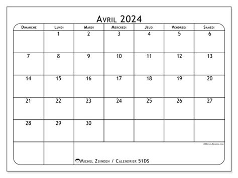 Calendrier Avril 2024 51ds Michel Zbinden Fr