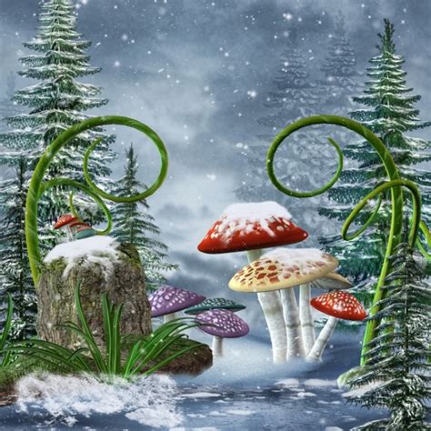 Scenic Winter Forest Mushrooms In Fairy Tale Christmas Party Picture