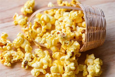 Homemade Corn Popcorn In Basket Heap Of Delicious Popcorn Sweet Stock