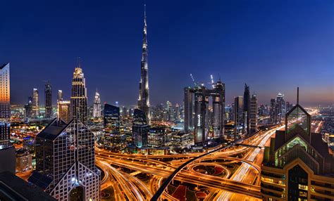 City Dubai Highway Light Night Skyscraper United Arab Emirates