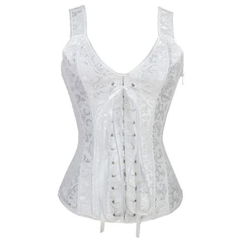 Apricotwhite Jacquard Lace Up Front Corset Tops Side Zipper Slimming