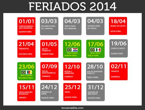 Calendário Oficial De Feriados Em 2014 é Publicado No Diário Oficial