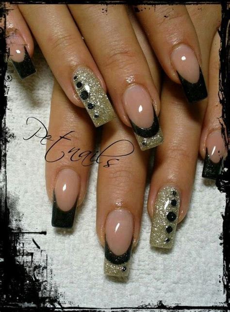 Black And Gold French Nail Design With Accent Nails Nail Art Pinterest