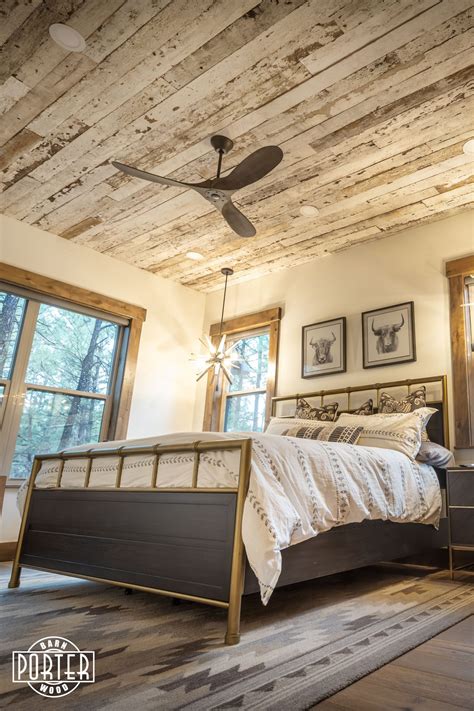 Guest Bedroom Speckled White Ceiling Porter Barn Wood