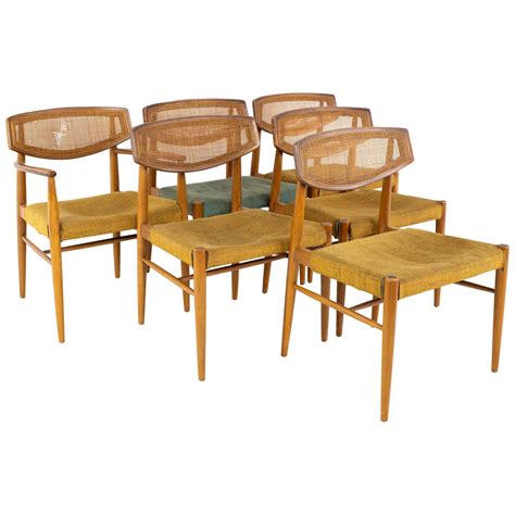Morganton Mid Century Walnut Cane Back Cats Eye Dining Chairs Set Of At StDibs