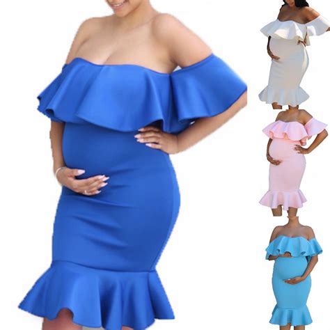 Utoimkio Womens Off Shoulder Ruffles Maternity Dress For Photoshoot Summer Maternity Gown For