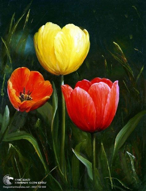 Tranh Vẽ Vườn Hoa Tulip Đỏ Và Vàng