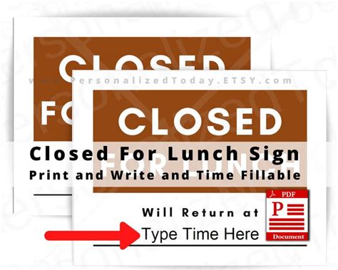 Closed For Lunch Sign With An Arrow Pointing To The Print And Write
