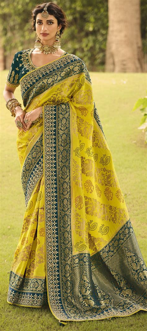 Bridal Traditional Wedding Yellow Color Art Silk Silk Fabric Saree 1753978