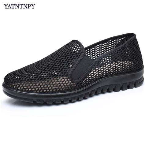 Yatntnpy Summer Mesh Shoes Men Slip On Flat Sapatos Black Lhollow Out
