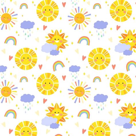 Free Vector Hand Drawn Sun Pattern With Clouds And Rainbows