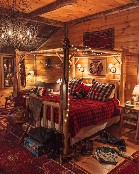 Buffalo Check Bedding White String Lights Twig Chandelier Log Bed