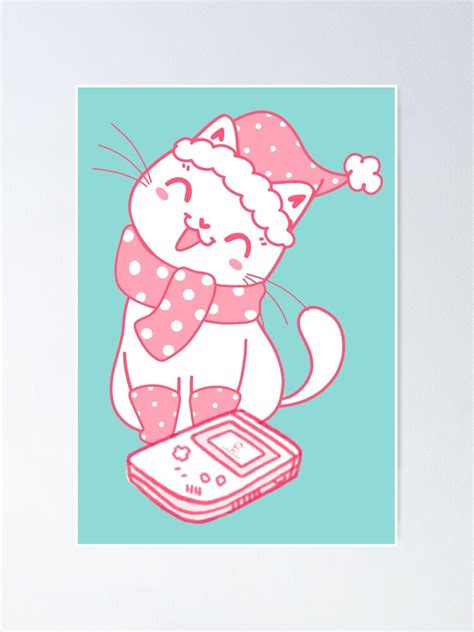 Kawaii Pink Kitty Cat With Retro Gameboy Poster By Lukjanovart