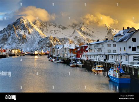 Sunrise At Henningsvaer Harbour Norway Europe Stock Photo Alamy