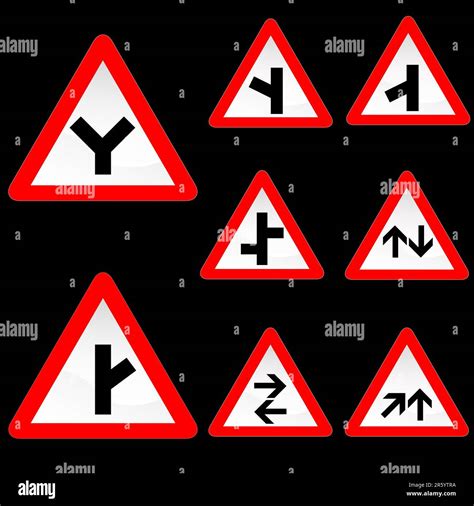 Vector Illustration Of Eight Triangle Shape Red White Road Signs Set 2