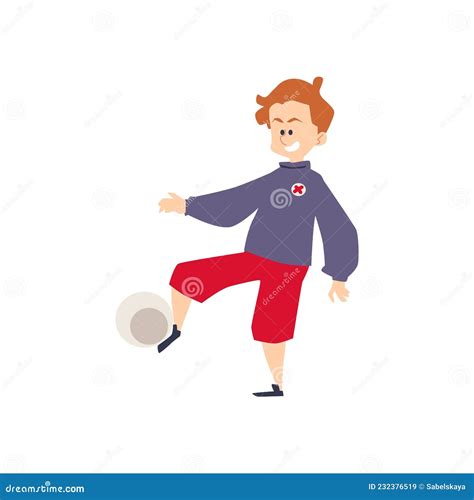 Little Child Boy Playing Football Or Soccer Flat Vector Illustration