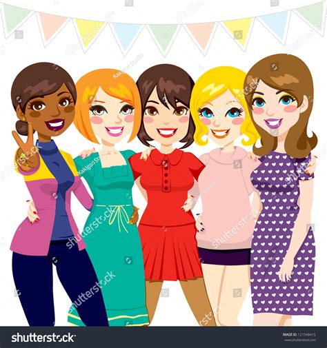 Five Women Friends Having Fun Together At A Celebration Party Stock
