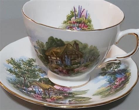 Vintage Royal Vale Bone China Country Cottage View Teacup And Saucer