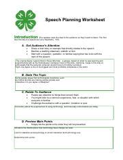 4H Speech Worksheet Pdf Speech Planning Worksheet Introduction The