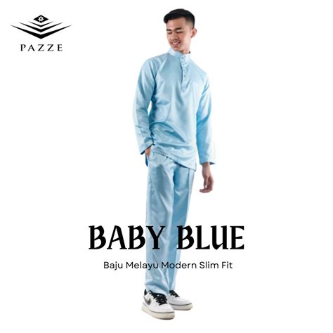 Pazze Baju Melayu Modern Slim Fit Nikah Pearl White Baby Blue Salmon